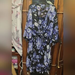 Eva Blue 18W 2 Piece Floral Black Blue Gray Layered Dress A-Line Sheer Jacket